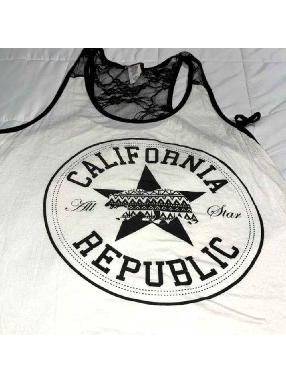 California Republic Graphic Tank Top With Lace Back Black & White L - Picture 3 of 6